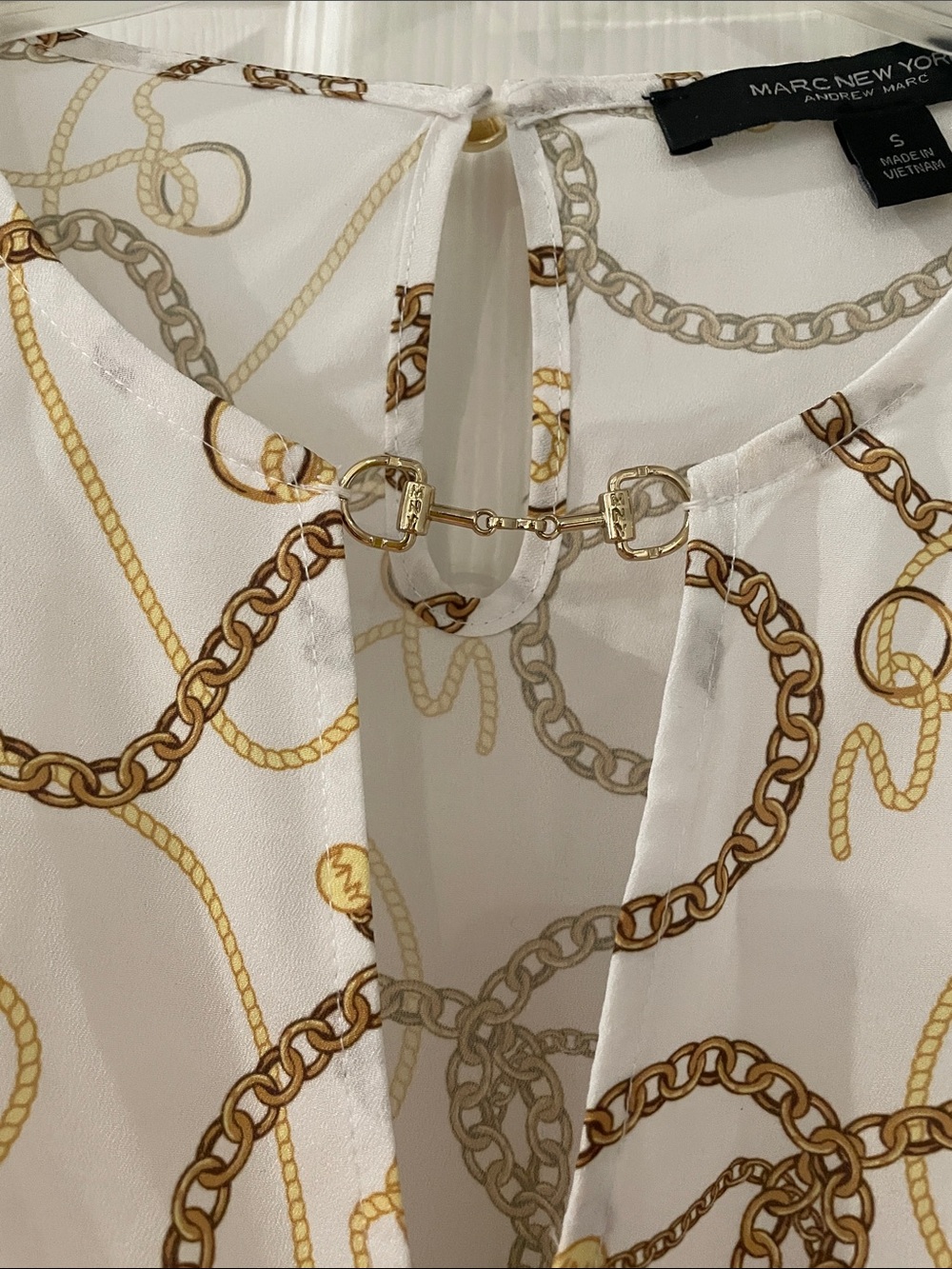 Marc New York White Equestrian printLong-Sleeve Blouse w/Horse Bit Gold Accent.